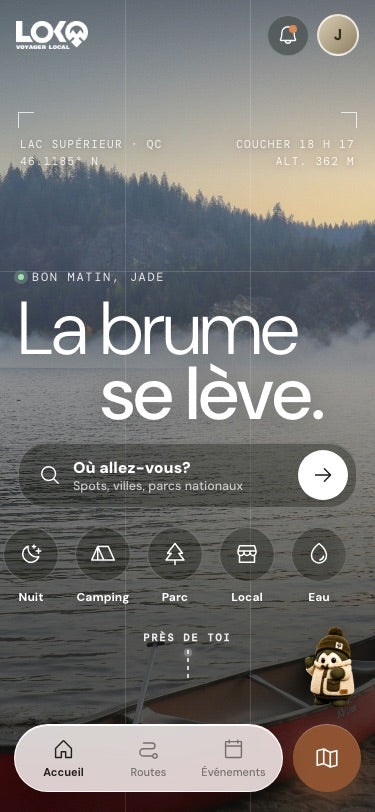 Écran Accueil de LOKO : photo de lac au matin, recherche et catégories