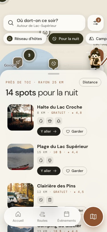 Écran Carte de LOKO : spots pour la nuit autour d'un lac