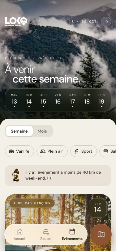 Écran Événements de LOKO : les événements de la semaine autour de toi