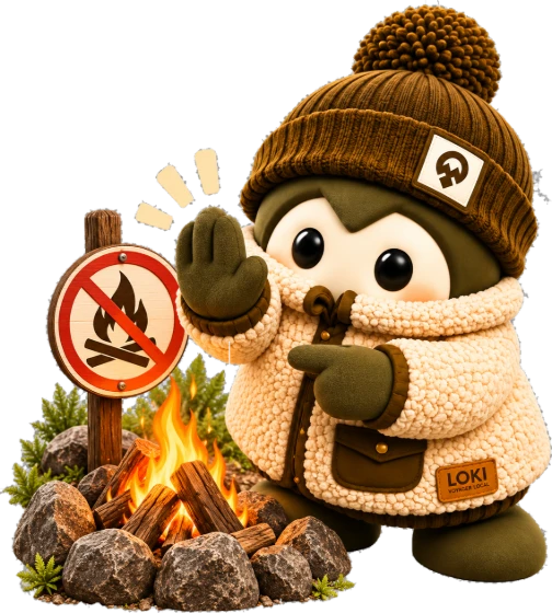 Loki près d'un feu : respecte les règles de feu